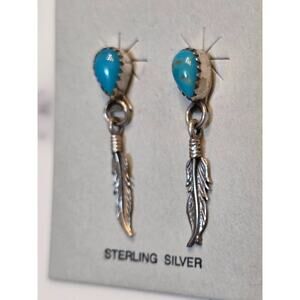 Sterling Silver & Turquoise Feather‎ Dangle Earrings 1.5"